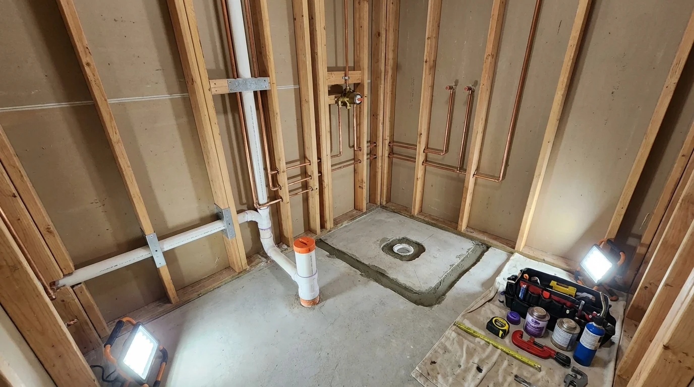 Bathroom rough-in plumbing during remodel by Johns Plumbing LLC in Cutler
