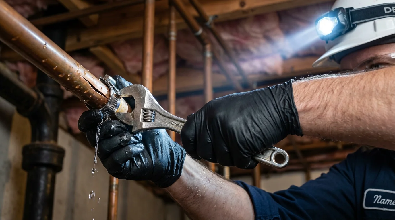 Emergency pipe clamp repair being performed by a Johns Plumbing LLC plumber in Cutler