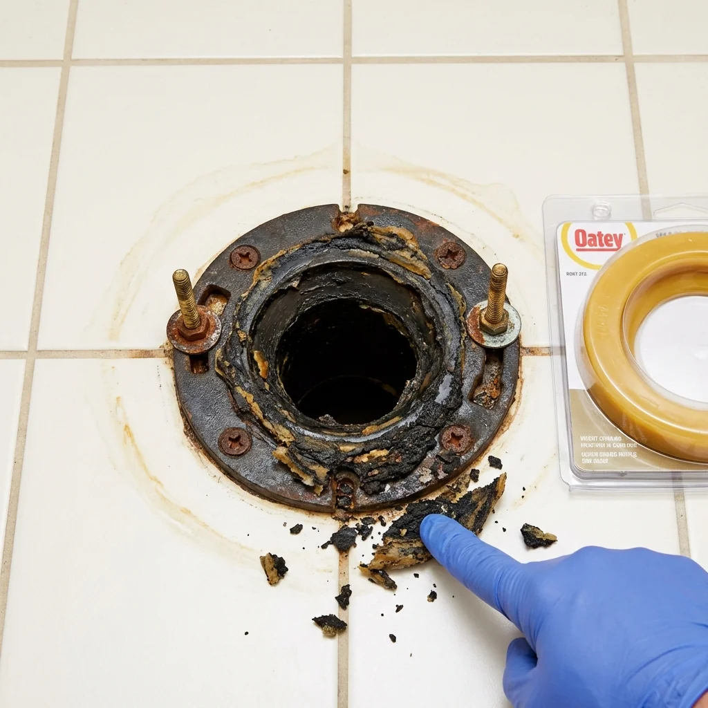 Failed wax ring showing water seepage at the base of a toilet in a Cutler, CA home